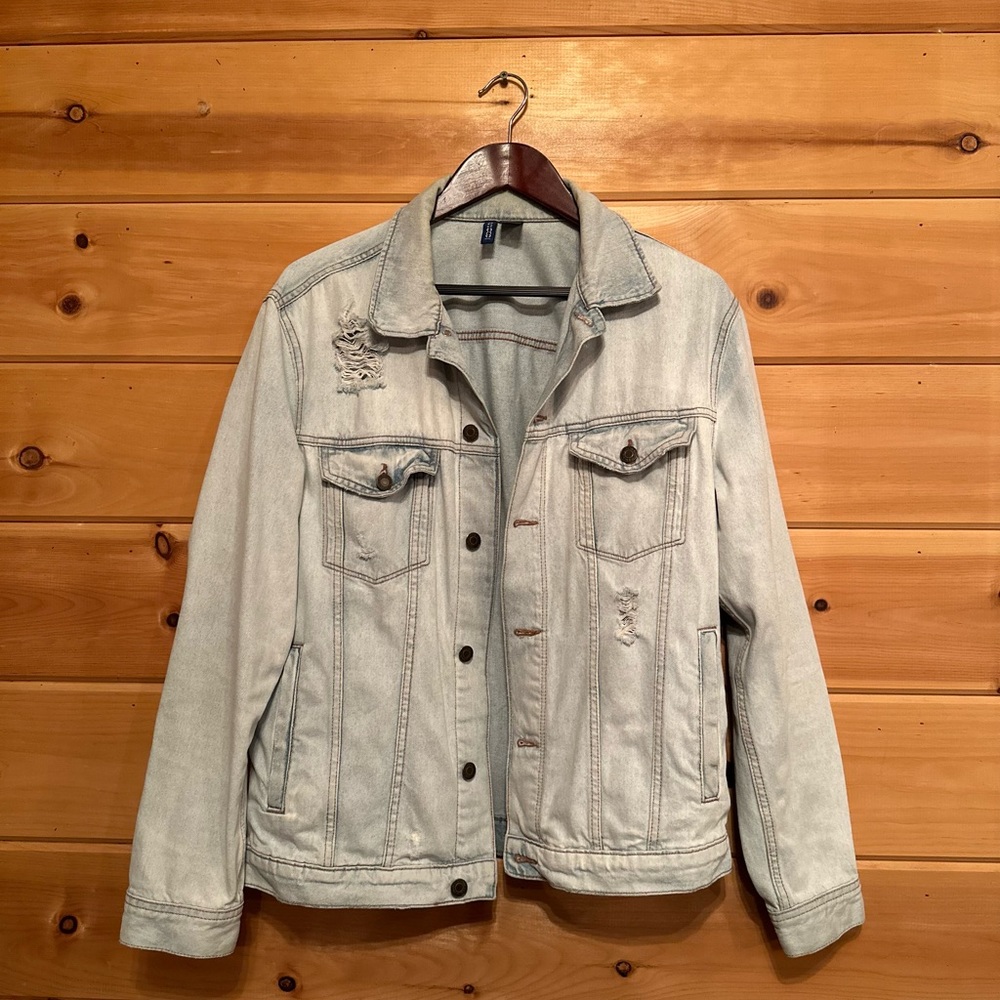 Trucker Distressed Faded Blue Denim Jacket - M